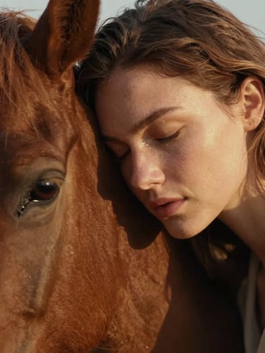 Extreme close-up of a woman with closed eyes leaning her forehead against a horse's neck, expressing deep relief, warm golden-hour lighting, shallow depth of field.