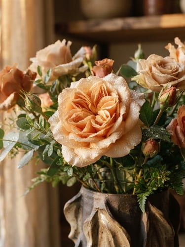 Macro close-up of dew-kissed Ecuadorian roses in an architectural vase, soft golden-hour window light casting gentle shadows, warm neutral tones, shallow depth of field.