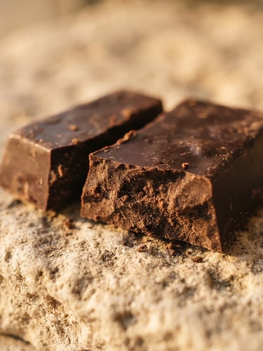 A macro close-up of a single dark chocolate block cracked open on a textured beige stone, warm golden-hour window light, shallow depth of field, 35mm