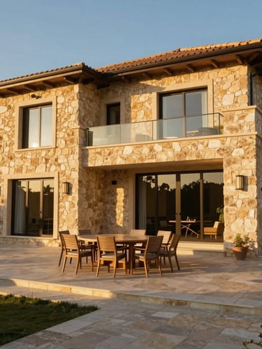 Wide architectural elevation of a sun-drenched Lebanese villa with traditional stone meeting modern glass, warm golden hour light casting long shadows, 35mm
