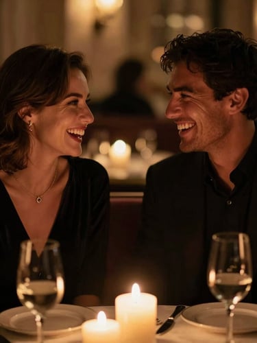 A close-up of a sophisticated couple laughing over a candlelit table in a luxury London lounge, soft focus on warm smiles and elegant evening wear, moody golden lighting.