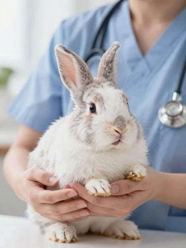 A happy fluffy rabbit resting gently in the hands of a caring veterinarian, bright high key photography, soft natural daylight, vibrant pastel tones, warm editorial style