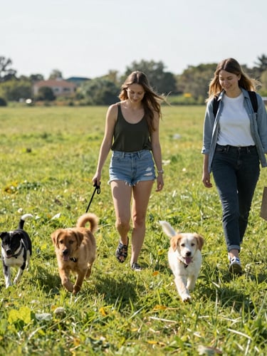 dos mujeres caminan en el campo verde con 3 perritos