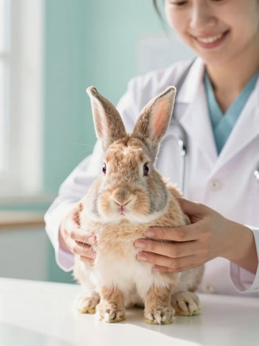Bright high key photography of a calm rabbit being gently examined by a smiling vet in a pastel-toned clinic, soft natural daylight, warm editorial style