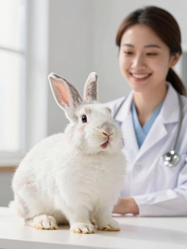 A happy fluffy rabbit sitting next to a smiling veterinarian in a bright, modern clinic with pastel accents, high-key natural lighting, shallow depth of field