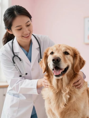 A smiling female veterinarian gently examining a happy golden retriever dog in a bright pastel-colored clinic, soft natural daylight, warm editorial style