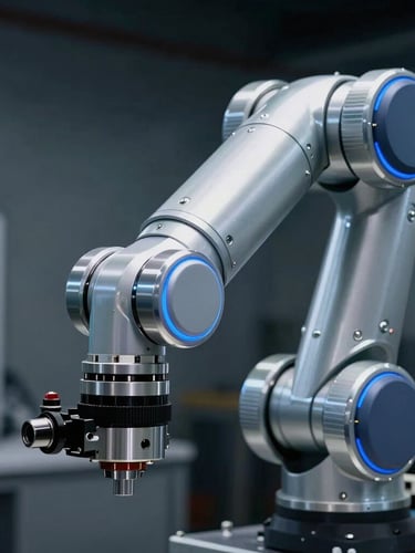Close-up of a high-precision robotic actuator arm, metallic silver joint detailing, cold blue rim lighting, dark aerospace manufacturing environment