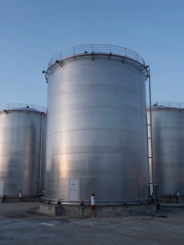 Industrial row of massive commercial utility battery storage units at dusk, clean metallic lines, cold blue horizon light, dramatic wide-angle shot