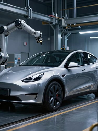 Sleek aerodynamic profile of a silver Tesla chassis on a dark robotic assembly line, cold blue atmospheric backlight, dramatic rim lighting