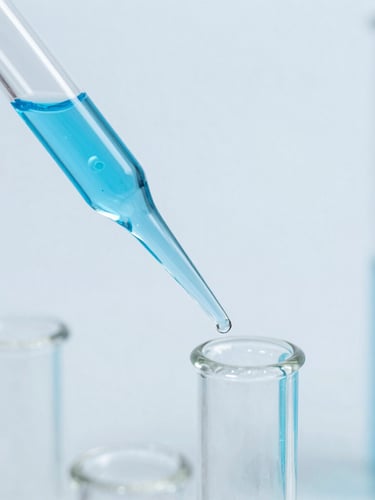 Macro laboratory photography of sterile glass pipettes and blue-tinted enzyme solutions, bright clean white lighting, cool blue and silver tones, sharp focus.