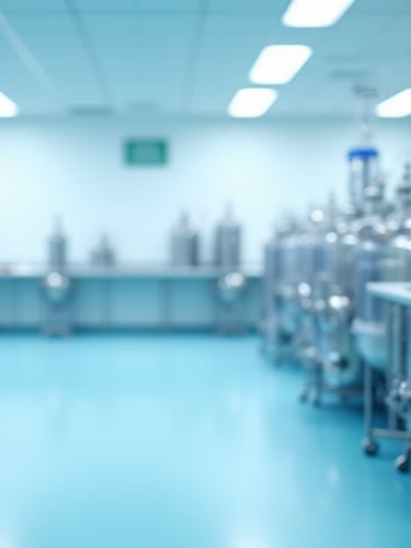 Rows of stainless steel bioreactor tanks in a clean biotechnology manufacturing facility.