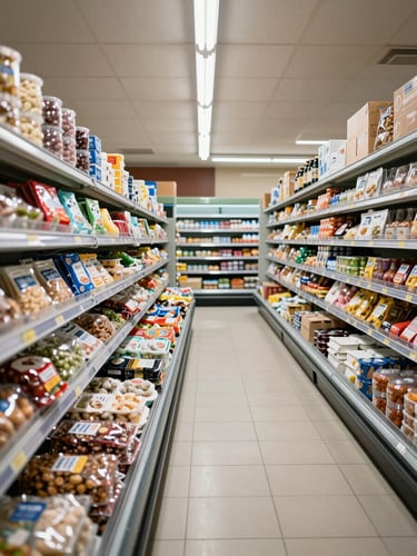 Wide environmental shot of the interior of a modern retail frozen-food store, fully stocked refrigerated display cases lining both walls under bright even fluorescent lighting, organized shelves of packaged frozen products and dry goods visible in the foreground, clean tiled floor, no customers or staff, operational documentary framing