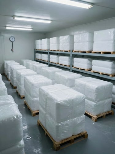 Environmental wide shot inside a refrigerated cold-storage warehouse in Papua, organized rows of stacked frozen product boxes on metal shelving under cool even fluorescent light, temperature gauge visible on wall, no people, clean operational industrial setting