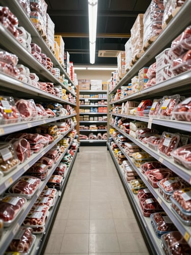 Wide environmental shot of fully stocked refrigerated display shelves inside a retail cold-storage store, rows of packaged frozen meat and food products arranged in neat columns under cool even fluorescent lighting, shelves filled edge to edge with no gaps, shot from a low-angle wide perspective emphasizing depth and volume of stock