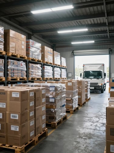 Wide environmental interior of an organized cold-storage warehouse, a refrigerated delivery truck visible through a loading dock door at the far right, pallets of labeled product cartons in the foreground, cool fluorescent overhead light casting even illumination, mist near floor level, no people, operational and documentary in feel