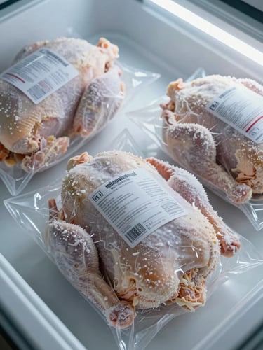 Close overhead study of sealed frozen chicken packages on a flat cold storage surface, cool white fluorescent light, label detail visible, frost-edged packaging, no hands, no people, product integrity shot