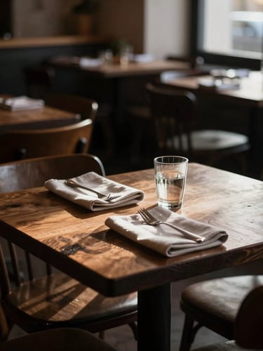 Low-contrast, soft Scandinavian daylight illuminating an empty, cozy bistro dining room with dark wood tables, rustic linen napkins, and moody side shadows.
