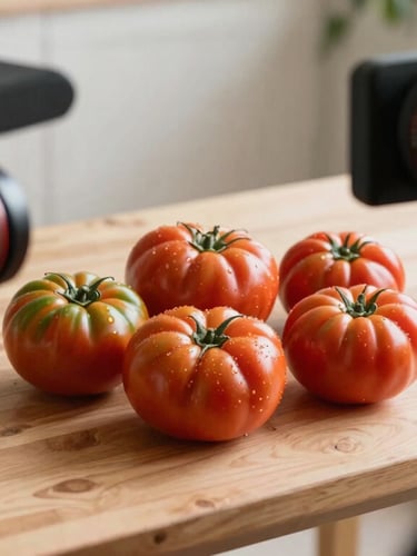 Over-the-shoulder shot of a camera rig capturing unwashed heirloom tomatoes on a wooden prep table in soft, side-lit morning daylight.