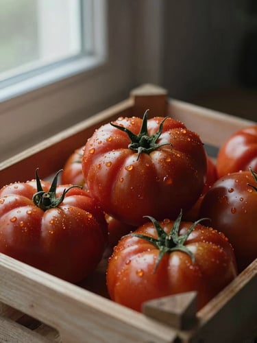 Close-up portrait of unwashed heirloom tomatoes in a wooden crate, soft Scandinavian window light, moody shadows, natural textures