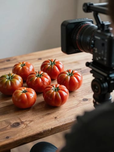 Over-the-shoulder shot of a camera rig capturing unwashed heirloom tomatoes on a rustic wooden prep table, soft Scandinavian side-light with moody shadows