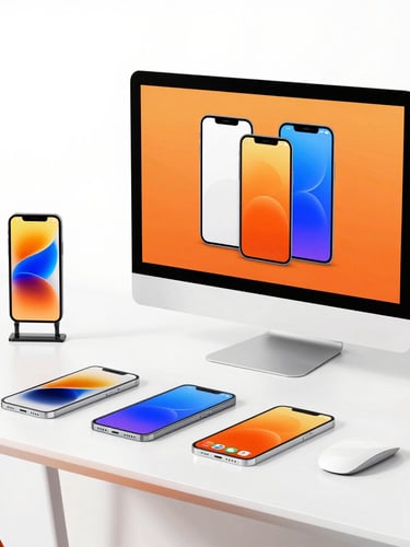 Crisp modern workspace environment with high-key studio lighting, a large desk displaying high-fidelity mobile mockups, vibrant orange accents, clean Swiss-style aesthetic.