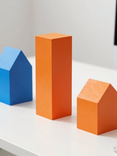 Bright studio photograph of a modern minimalist workspace with abstract orange and electric blue geometric sculptures on a desk, clean high-key lighting, sharp shadows