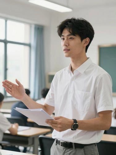 Medium-close candid shot of an engaged young adult student presenting confidently in a bright modern classroom, natural window light, clean academic atmosphere