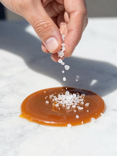 Close-up of glistening sea salt crystals being hand-sprinkled over rich, dripping caramel on a bright white marble counter, sharp focus, direct sunlight casting playful shadows