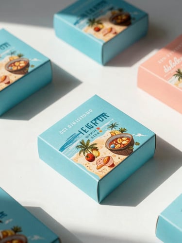 High-angle flat lay of vibrant gourmet gift boxes on a crisp white table under direct, hard-shadow sunlight, casting long playful shadows, coastal-vibe.