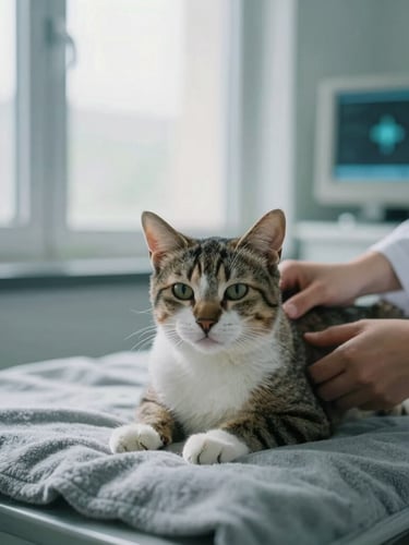 A calm domestic cat lying gently on a soft gray blanket in a serene clinical room, a veterinarian's hands softly comforting it under natural window light, clinical editorial photography