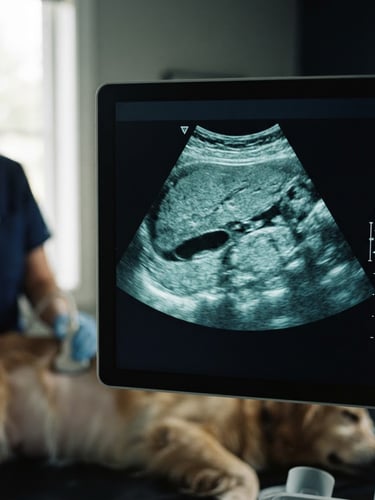 Clinical editorial photography of a modern high-resolution ultrasound screen displaying a clean canine diagnostic scan, soft natural window light, cool screen glow, desaturated teal tones, shallow depth of field, 35mm
