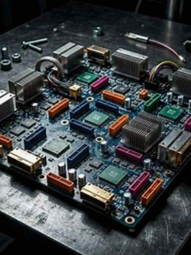 A high-angle, detailed close-up shot of an open, complex computer motherboard.