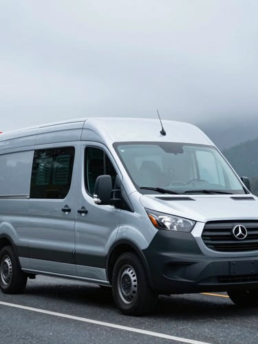 A professional mobile service van parked along a scenic overcast Pacific Northwest highway, cool metallic blue tones, shallow depth of field, sharp editorial photography