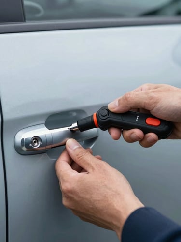 Close-up of a locksmith's hands using a professional decoder tool on a modern car door lock, overcast Pacific Northwest daylight, cool metallic tones