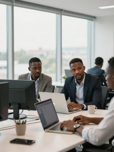 Vue panoramique d'un bureau moderne et lumineux d'ACF SA à Abidjan, avec des professionnels en discussion discrètement, lumière naturelle, style corporate editorial.