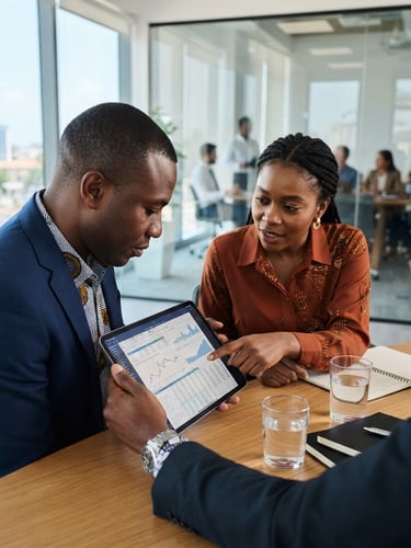 Modern West African business leaders analyzing financial documents on a tablet, clean corporate interior, natural daylight, over-the-shoulder perspective, sharp focus, modern editorial.