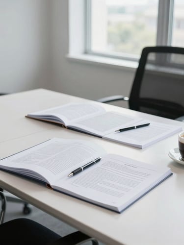 Vue latérale d'une table de conférence moderne avec des documents juridiques ouverts, un stylo et une tasse de café, baignée de lumière naturelle, dans un bureau d'affaires ouest-africain propre et structuré.