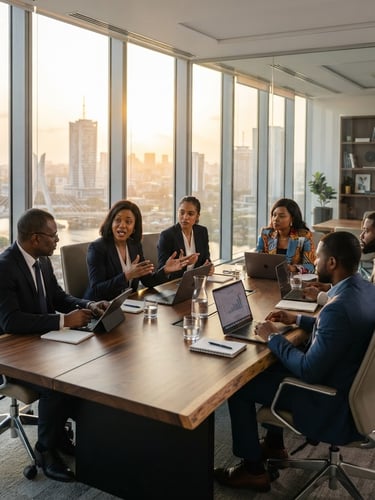 Wide panoramic Abidjan modern office interior at golden hour, a team of professional West African business leaders in a focused discussion at a large conference table, natural window light, sharp focus, professional and clean aesthetic.