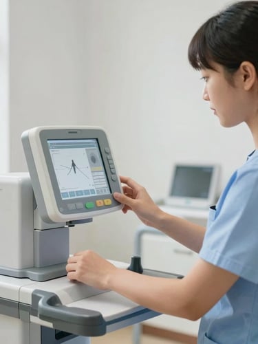 A student in a clean clinical uniform adjusting a modern rehabilitation machine, focused on the digital interface, bright natural daylight