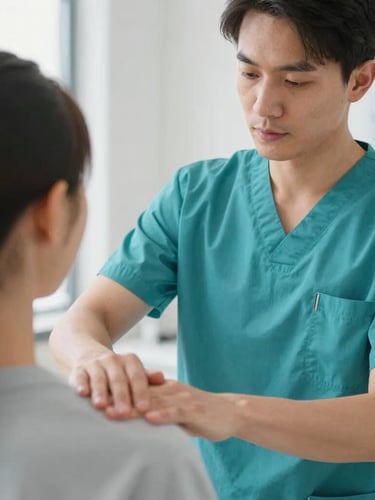 A medium close-up of an instructor in a teal uniform guiding a student's hands on a patient's shoulder during manual therapy, bright daylight, clean modern clinical setting.