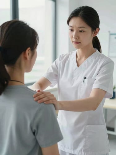 A medium close-up of a physiotherapy student in a clean clinical uniform guiding a patient through manual shoulder resistance exercises in a bright, modern, daylight-filled clinic.