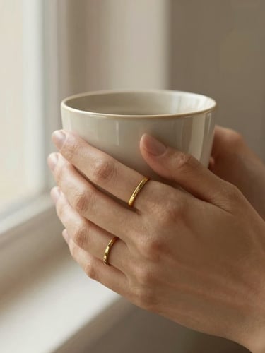 Macro close-up of a woman's hands wearing gold rings holding a warm ceramic cup, soft morning window light, cream tones, shallow depth of field, 35mm