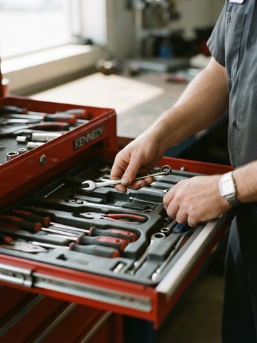 Close-up of technician hands organizing professional tools in a clean toolbox, natural bright daylight, clean realistic colors, sharp focus, 35mm lens