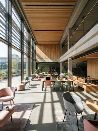 Wide-angle architectural shot of a modern, sunlit collaborative workspace with geometric shadows, natural wood, and concrete elements. No people.