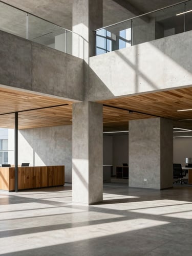Wide-angle architectural shot of a modern office interior with sharp geometric shadows, raw concrete, and warm wood accents, natural light, high-contrast. No people.