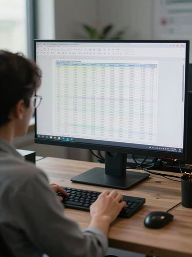 Wide shot of an analyst at a large monitor in a dim office, reviewing structured data tables and methodology documents, soft diffused window light from the left, clinical and focused atmosphere