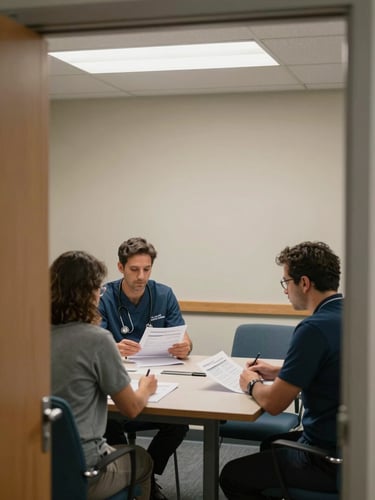 Medium wide shot of a healthcare program evaluation meeting, two analysts at a conference table with printed evaluation reports open in front of them, clinical overhead lighting, viewed from the doorway, neutral institutional setting