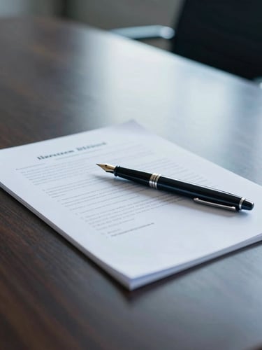 Close-up of a quiet boardroom with natural morning light reflecting on a dark mahogany table, a fountain pen resting on heavy paper documents, sharp focus, 35mm