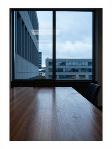 Corporate editorial photography of a quiet boardroom with natural morning light, a solid oak table reflecting the cool overcast sky, sharp geometric lines of modern architecture visible through the window, deep blue and slate tones, 35mm.