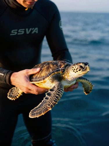Intimate portrait of a marine biologist in a wetsuit, hands gently holding a small sea turtle, golden hour natural light, rich deep blue and gold undertones, soft focus on the background ocean, 35mm film.